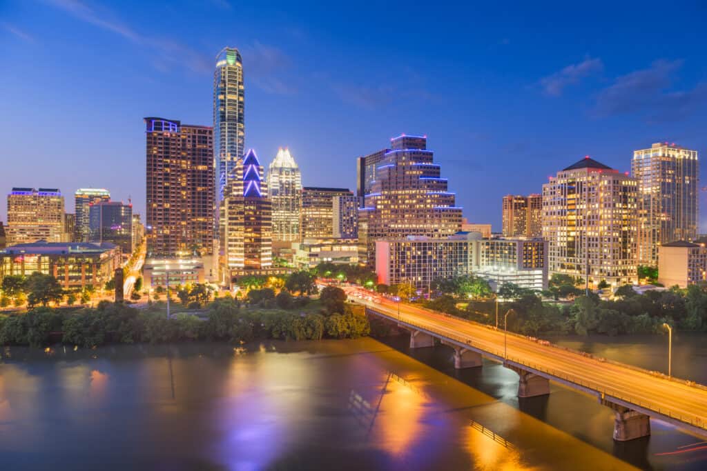 Austin, Texas, USA downtown city skyline on the Colorado River at dusk
