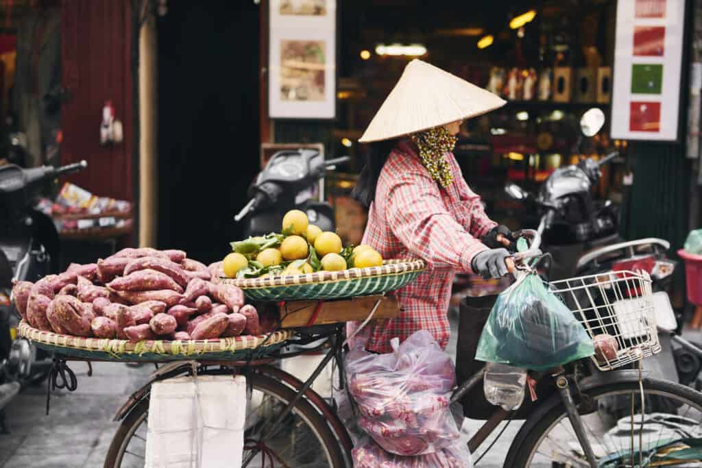 Vietnamese woman with bike selling tropical fruit at the market in Ho Chi Minh City, Vietnam
