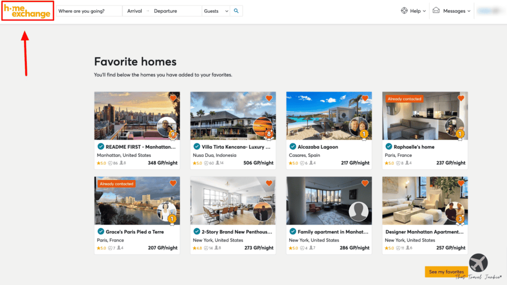 Screenshot of the favorite Homes section on HomeExchange profile.