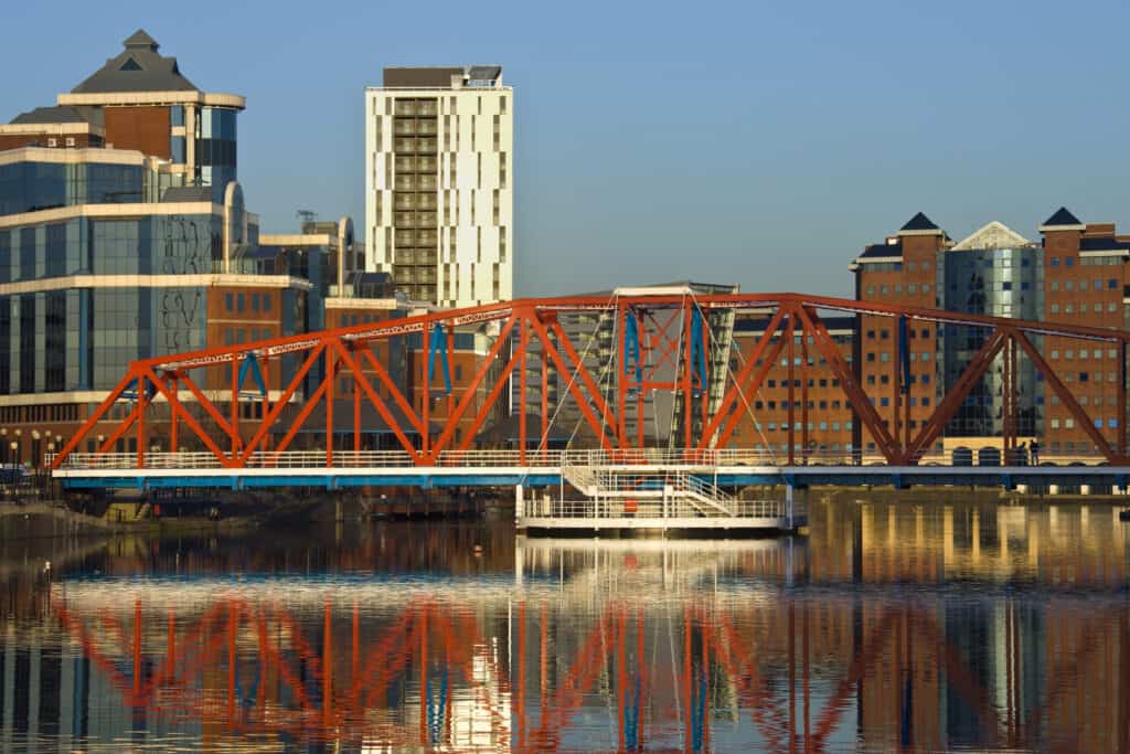 Modern waterside office buildings at Salford Quays in Greater Manchester in the United Kingdom