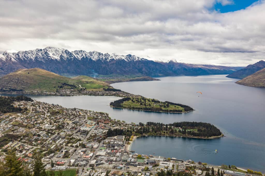 Panoramic view, The remarkables, Lake Wakatipu and Queenstown, South Island, New Zealand
