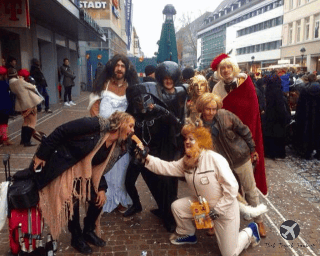 Jacqui and performers at the street fair in Freiburg im Breisgau, Germany.