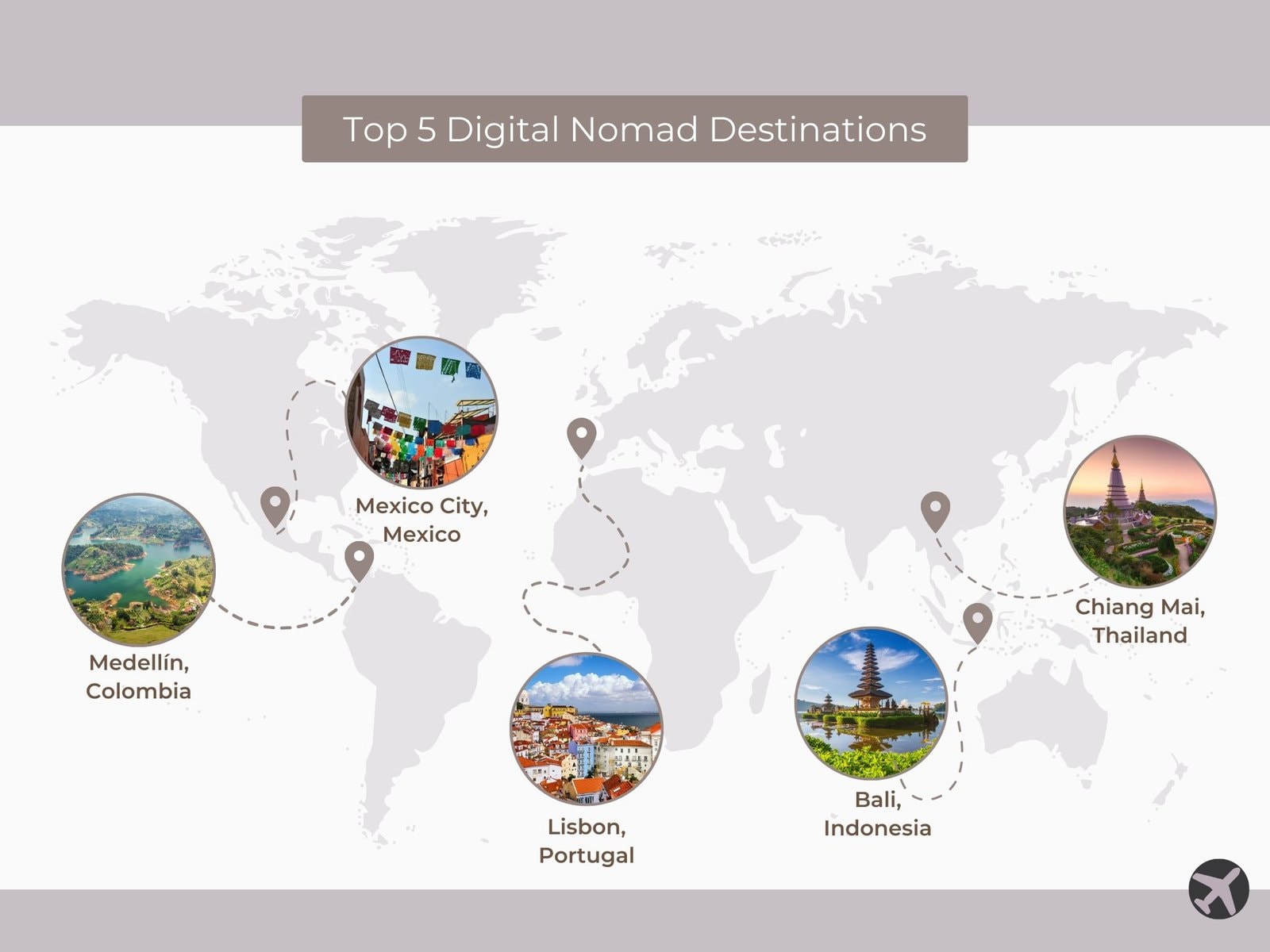 Custom world map graphic showing images around the world of the top 5 digital nomad cities: Mexico City, Mexico, Lisbon, Portugal, Medellín, Colombia, Bali, Indonesia, and Chiang Mai, Thailand.